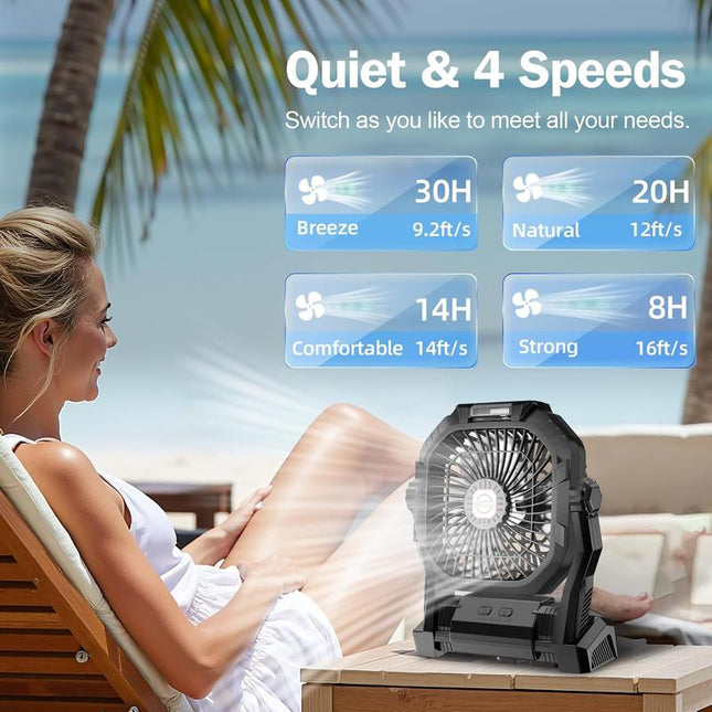 Portable Camping Fan with 20000Mah Rechargeable Battery,With LED Light & Hook, Battery Powered Fans 4 Speeds, 270°Pivot for Camping, Tents, BBQ, Fishing