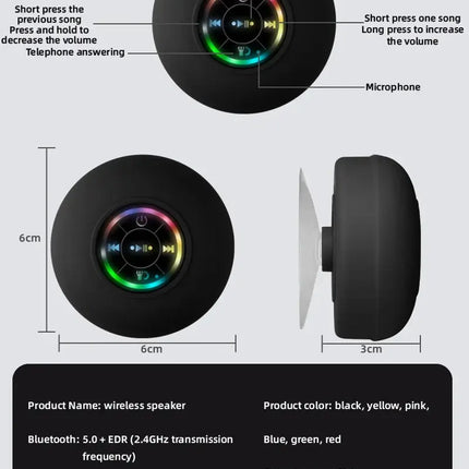 Portable Waterproof Bluetooth Shower Speaker with Suction Cup and LED Lights 3D Surround Stereo Subwoofer