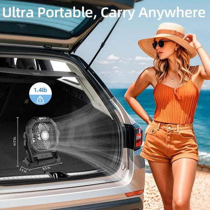 Portable Camping Fan with 20000Mah Rechargeable Battery,With LED Light & Hook, Battery Powered Fans 4 Speeds, 270°Pivot for Camping, Tents, BBQ, Fishing