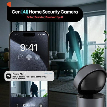 Smart Home Security Camera with Emotion Tracking & Color Night Vision - 2K Full HD, Two-Way Talk, 2.4Ghz/5Ghz Wi-Fi,360° Pan/Tilt, Baby/Pet Monitor, Plug-In, Wi-Fi App Control Grey
