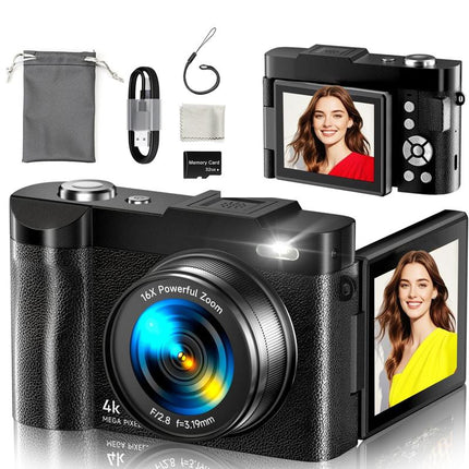 4K Digital Camera for Photography Autofocus, 50MP Vlogging Camera for Youtube with 32GB Card and 180° Flip Screen, 16X Zoom and 1500Mah Rechargeable Battery, Shoot Camera for Teens & Beginners (Black)