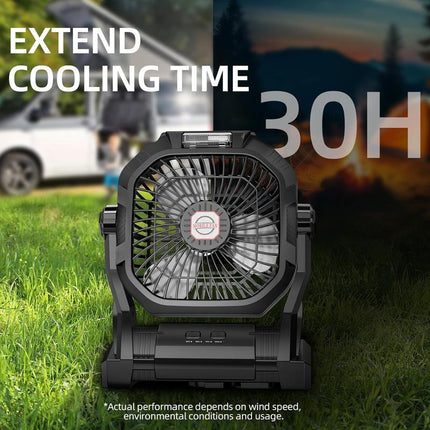 Portable Camping Fan with 20000Mah Rechargeable Battery,With LED Light & Hook, Battery Powered Fans 4 Speeds, 270°Pivot for Camping, Tents, BBQ, Fishing