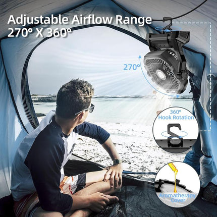 Portable Camping Fan with 20000Mah Rechargeable Battery,With LED Light & Hook, Battery Powered Fans 4 Speeds, 270°Pivot for Camping, Tents, BBQ, Fishing