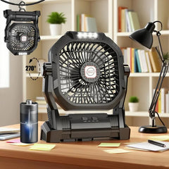 Portable Camping Fan with 20000Mah Rechargeable Battery,With LED Light & Hook, Battery Powered Fans 4 Speeds, 270°Pivot for Camping, Tents, BBQ, Fishing