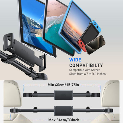 Tryone Car Headrest Tablet Holder - [3 in 1 Extension Arm] Rear Seat Adjustable Tablet Car Holder, Essential for Kids Road Trip, Suitable for 4.7-12.9 Inch Devices Such as Ipad Pro, Air, Mini, Galaxy, Fire, Black