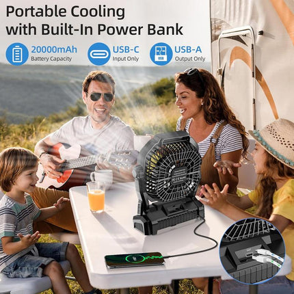 Portable Camping Fan with 20000Mah Rechargeable Battery,With LED Light & Hook, Battery Powered Fans 4 Speeds, 270°Pivot for Camping, Tents, BBQ, Fishing
