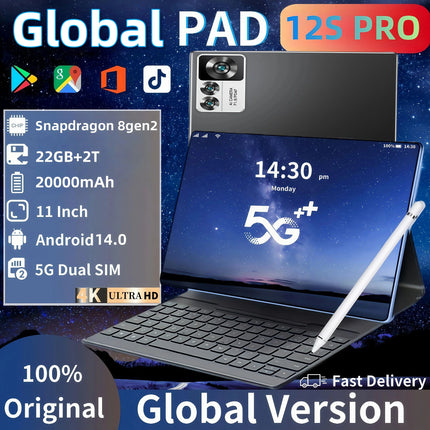 2025 New Origina Pad 12S Pro Tablet 22GB+2T 11inch HD 4K Android14 20000mAh 5G Dual SIM Phone Call WiFi GPS WPS Tablet PC