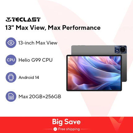【World Premiere】Teclast T65 Max 13" HD Display Android 14 Tablet MediaTek G99 8GB RAM 256GB ROM 10000mAh Battery Widevine L1