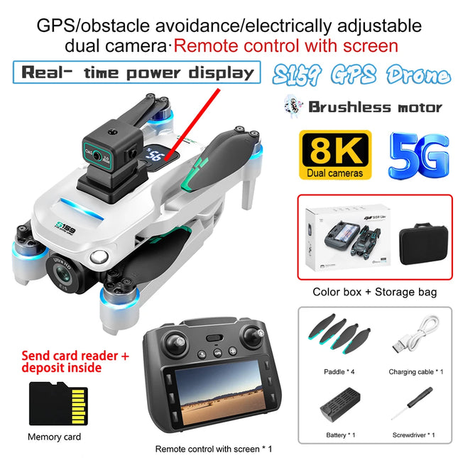 2024 S159 GPS Brushless Drone Screen Controlled Memory Card 8K HD Camera Obstacle Avoidance Aerial Photography Dron Toy Gift 2KM