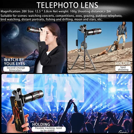 Telephoto Lens 28X HD Camera Phone Lens Telescope Zoom Macro Lens for Iphone Samsung Smartphone Fish Eye Lente Para Celular