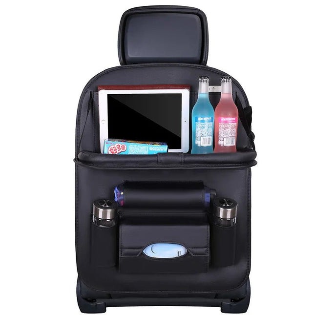 Car Seat Back Organizer with Foldable Table Tray PU Leather Storage Organizer Pockets Kick Mats Seat Interior Accessories - AIcomStore