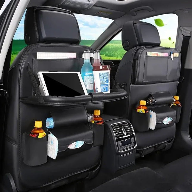 Car Seat Back Organizer with Foldable Table Tray PU Leather Storage Organizer Pockets Kick Mats Seat Interior Accessories - AIcomStore