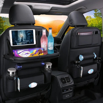 Car Seat Back Organizer with Foldable Table Tray PU Leather Storage Organizer Pockets Kick Mats Seat Interior Accessories - AIcomStore