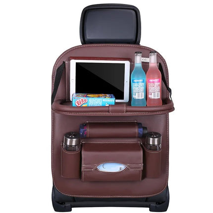 Car Seat Back Organizer with Foldable Table Tray PU Leather Storage Organizer Pockets Kick Mats Seat Interior Accessories - AIcomStore
