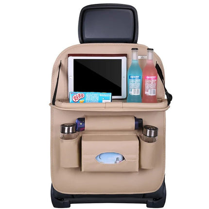 Car Seat Back Organizer with Foldable Table Tray PU Leather Storage Organizer Pockets Kick Mats Seat Interior Accessories - AIcomStore