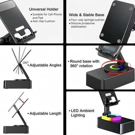 Wireless Audio Bluetooth Speaker 5In1 Phone Holder Emergency Rechargeable Withcolorful Ambient Light 300° Foldable for Tablet Iphone Android, Gifts for Men Women ，Black