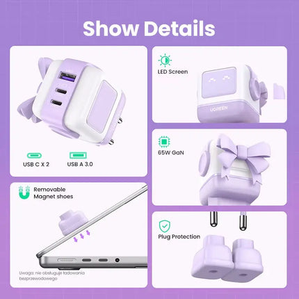 65W Gan Charger Uno Robot Design Quick Charge 4.0 3.0 PPS for Iphone 17 16 Pro Macbook Air Laptop Tablet PD Fast Charger
