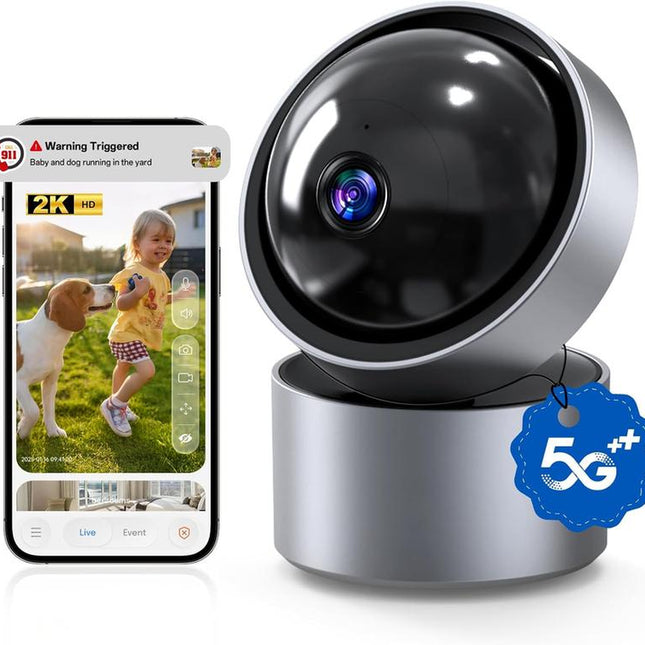 Smart Home Security Camera with Emotion Tracking & Color Night Vision - 2K Full HD, Two-Way Talk, 2.4Ghz/5Ghz Wi-Fi,360° Pan/Tilt, Baby/Pet Monitor, Plug-In, Wi-Fi App Control Grey