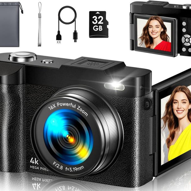 4K Digital Camera for Photography Autofocus, 50MP Vlogging Camera for Youtube with 32GB Card and 180° Flip Screen, 16X Zoom and 1500Mah Rechargeable Battery, Shoot Camera for Teens & Beginners (Black)