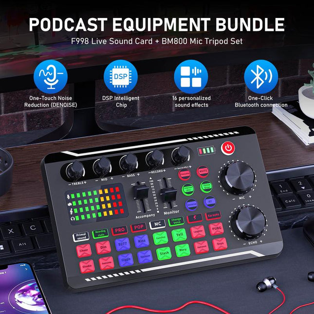 Facmogu F998 Live Sound Card Audio Mixer, Podcast Audio Interface with DJ Mixer Effects, Voice Changer with Sound Effects for Live Streaming, Recording, and Gaming，Live Streaming Microphone Audio Bundle